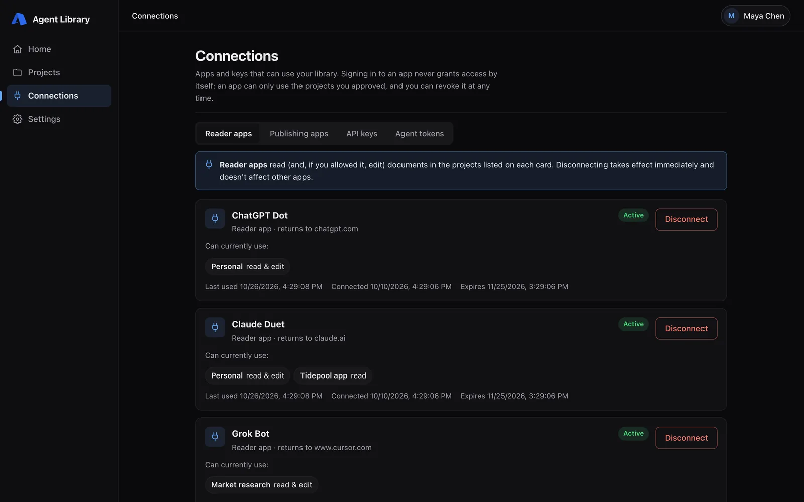 Connections: each agent's access to each project