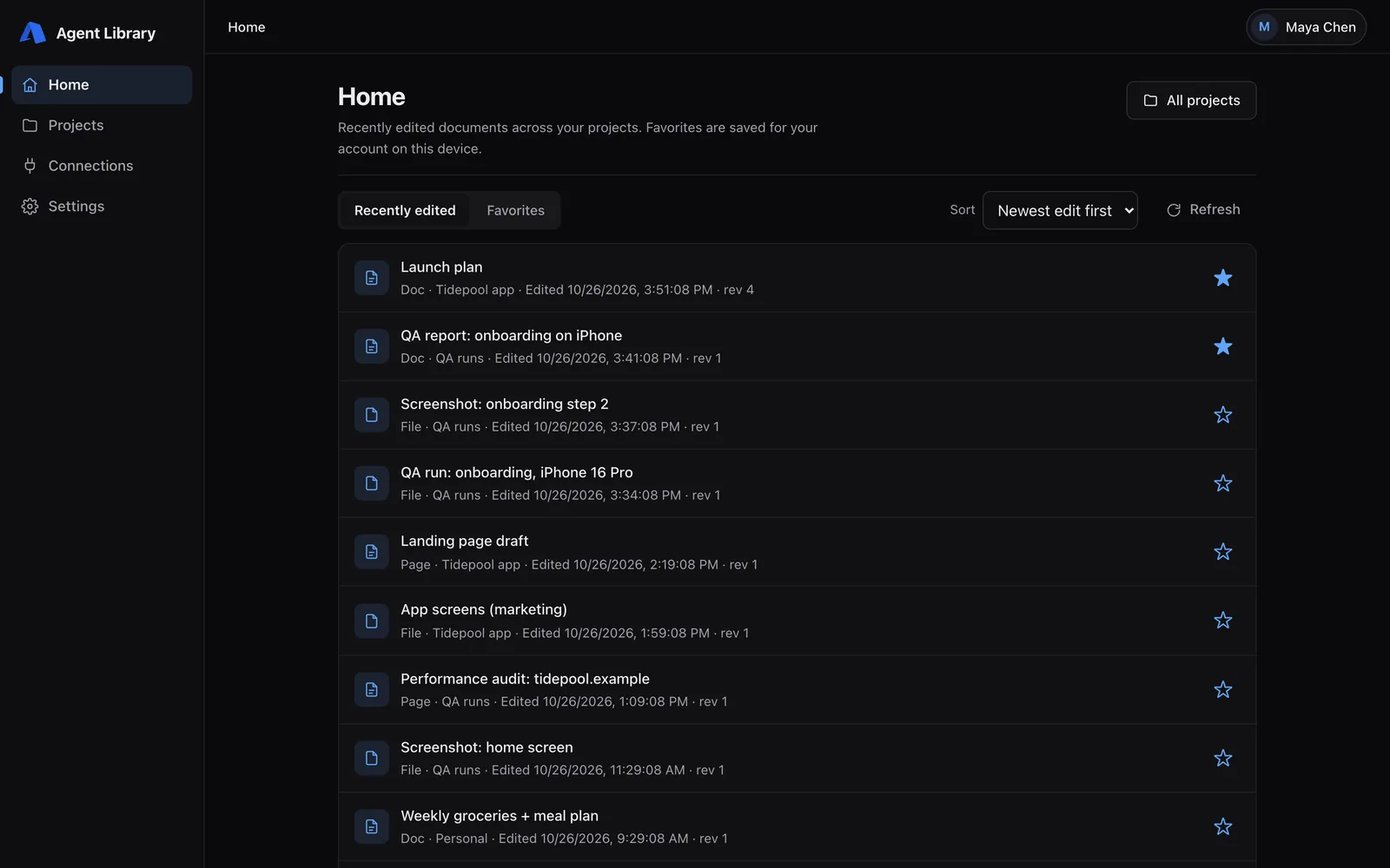 Home: recently edited documents across projects