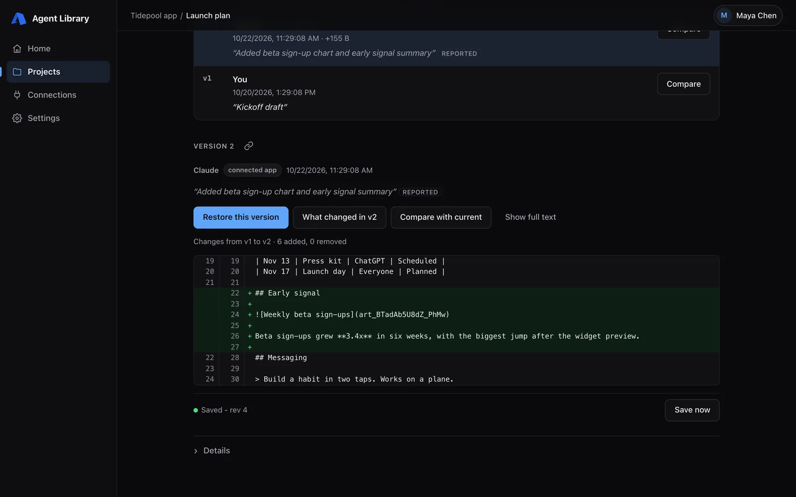 Version history: who changed what, a diff, and restore